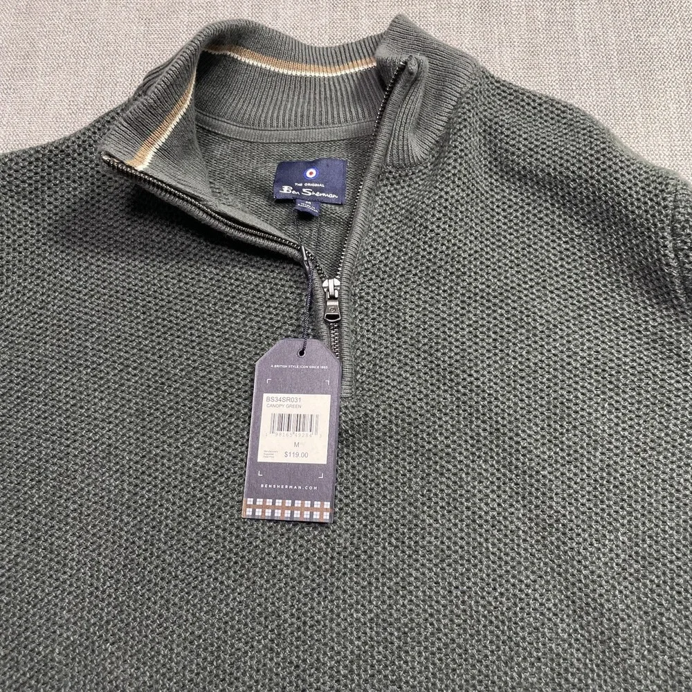 Ben Sherman Mens Canopy Green Open Knit Mock Neck Quarter Zip Sweater BS34SR031